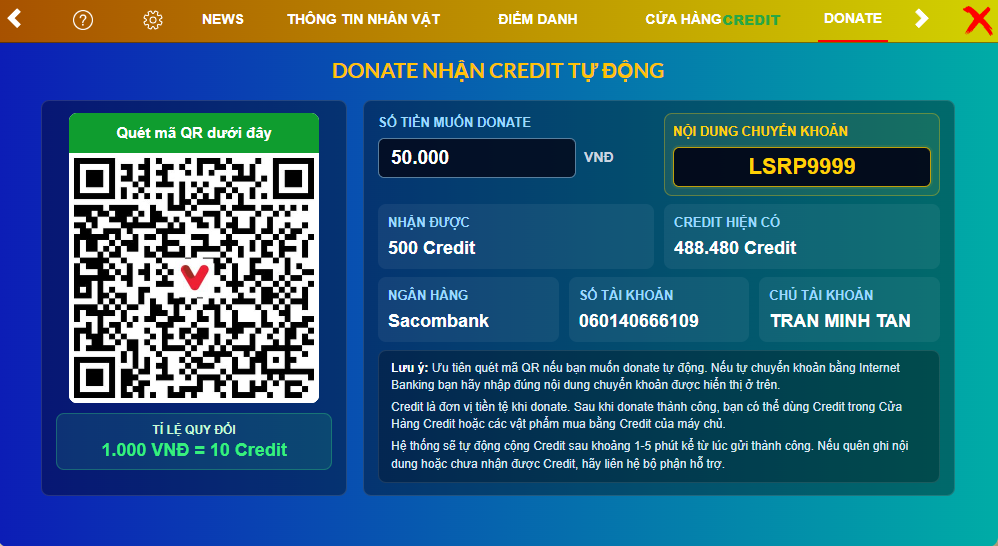 Giao diện Donate trong game GTA5VIET